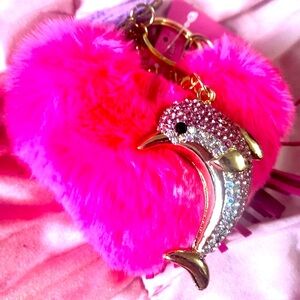 Sparkly Pink Bling Dolphin Keychain with Faux Fur Heart Pom-Big Fluffy Pompom